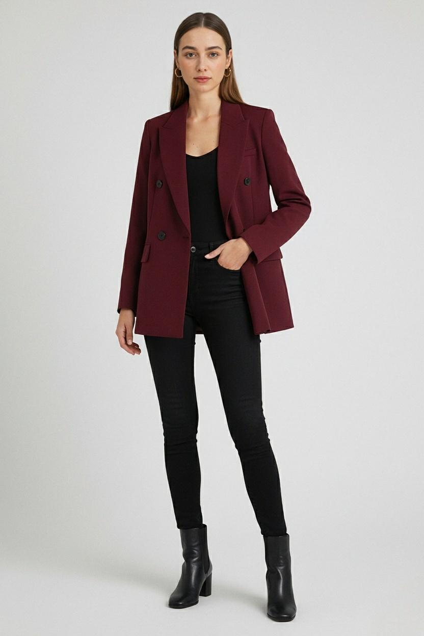 Double Breasted Blazer Jacket | Notched Lapel, Relaxed Fit, Long Sleeve