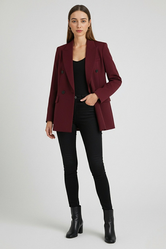 Double Breasted Blazer Jacket | Notched Lapel, Relaxed Fit, Long Sleeve