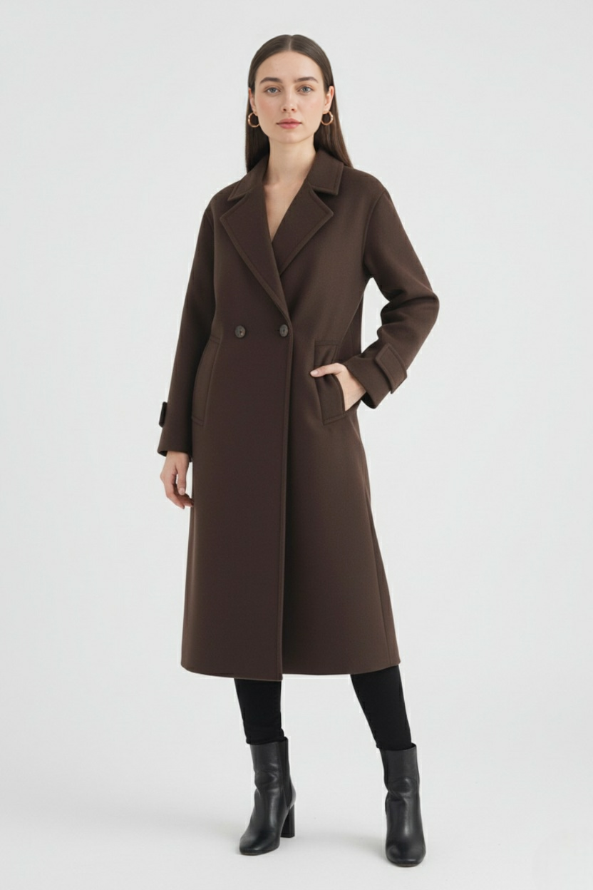 Long Double Breasted Coat | Notched Collar, Regular Fit, Clean Wool Look