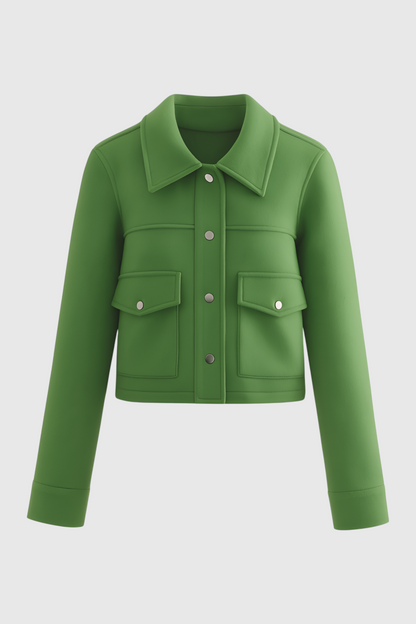 Cropped Button Jacket | Square Collar, Front Pocket Detail