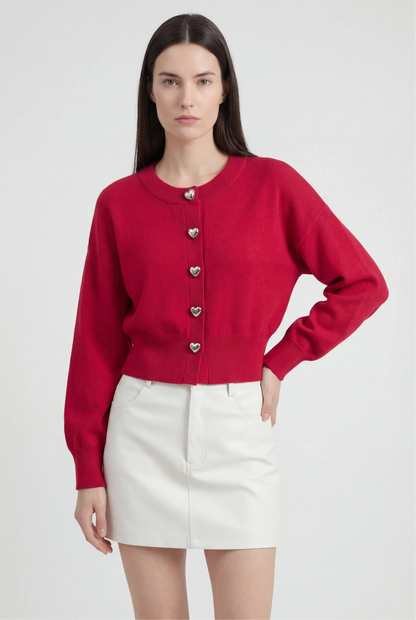 Maison Heart-Button Cardigan | Round Neck | Cropped Length | Regular Fit