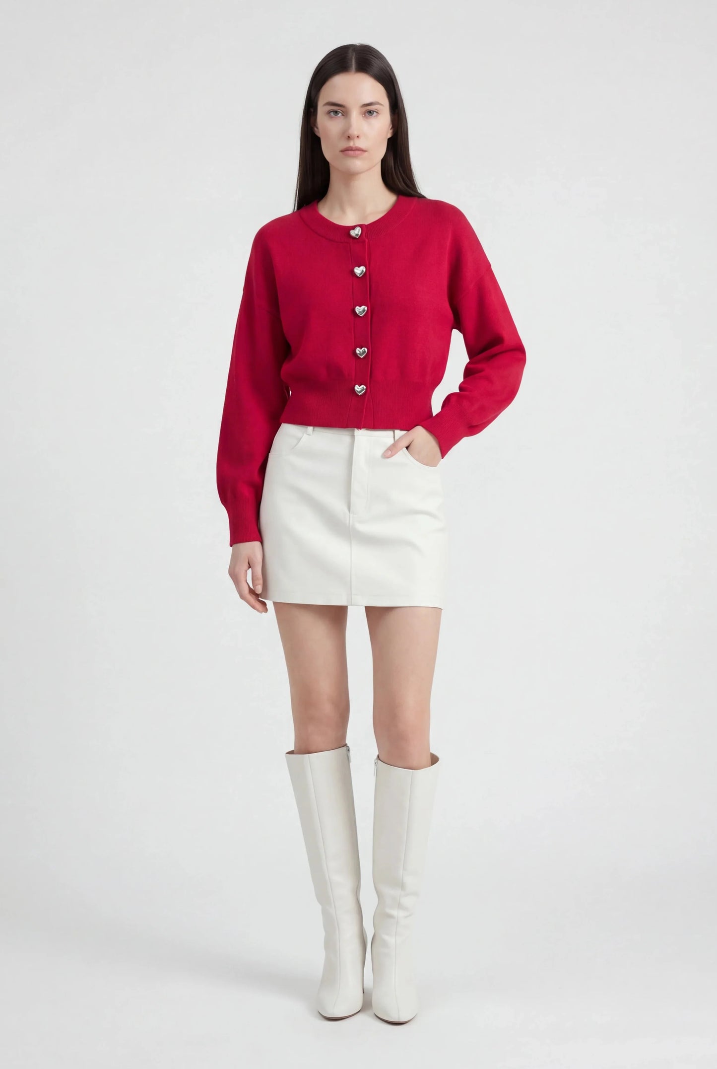 Maison Heart-Button Cardigan | Round Neck | Cropped Length | Regular Fit