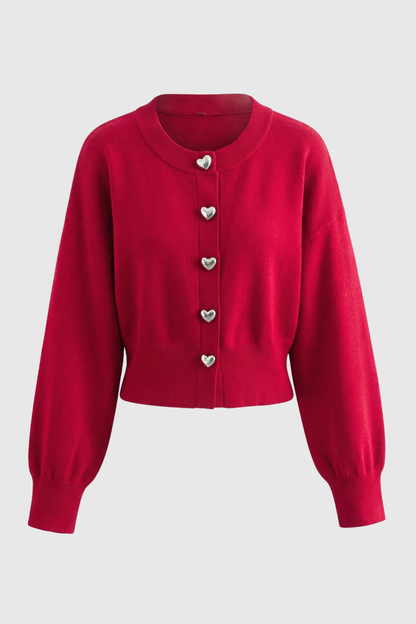 Maison Heart-Button Cardigan | Round Neck | Cropped Length | Regular Fit