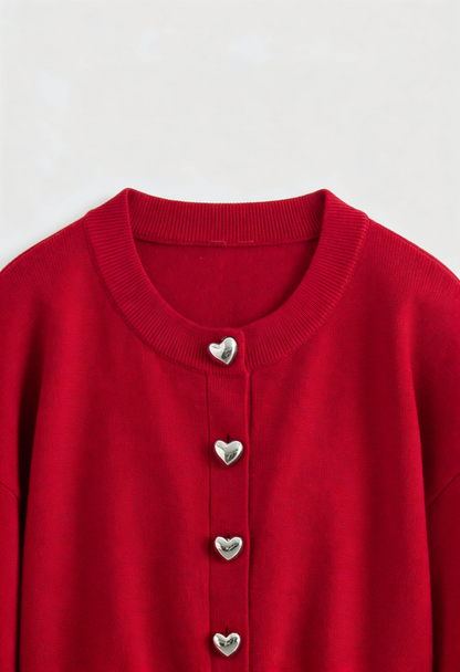 Maison Heart-Button Cardigan | Round Neck | Cropped Length | Regular Fit