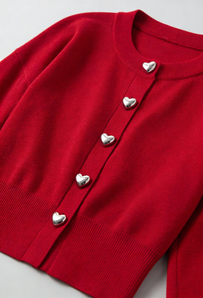 Maison Heart-Button Cardigan | Round Neck | Cropped Length | Regular Fit