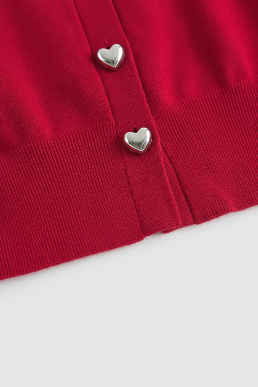 Maison Heart-Button Cardigan | Round Neck | Cropped Length | Regular Fit
