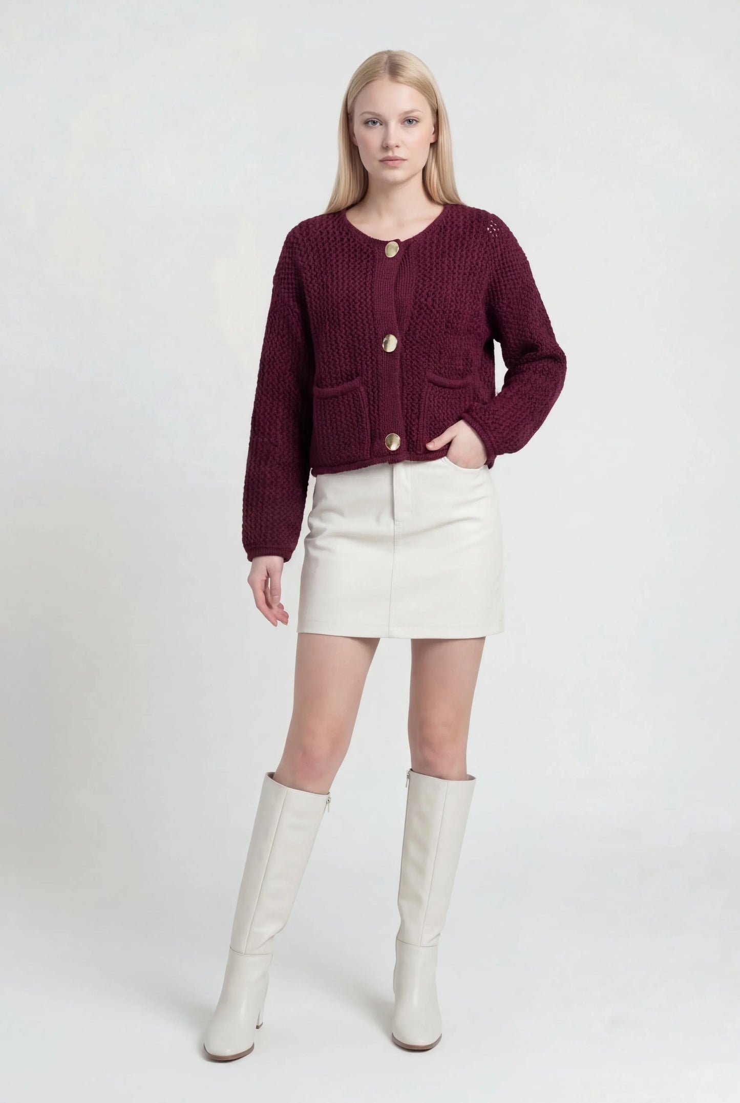 Maison Textured Knit Cardigan | Round Neck | Pocket Detail | Regular Fit