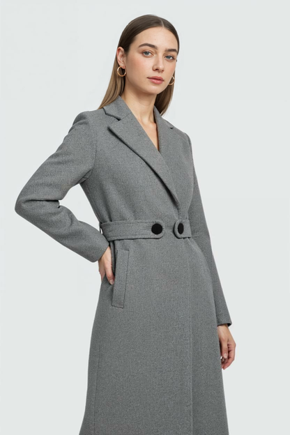 Belted Longline Coat | Notched Lapel, Buttoned Waist Tab, Slim Fit