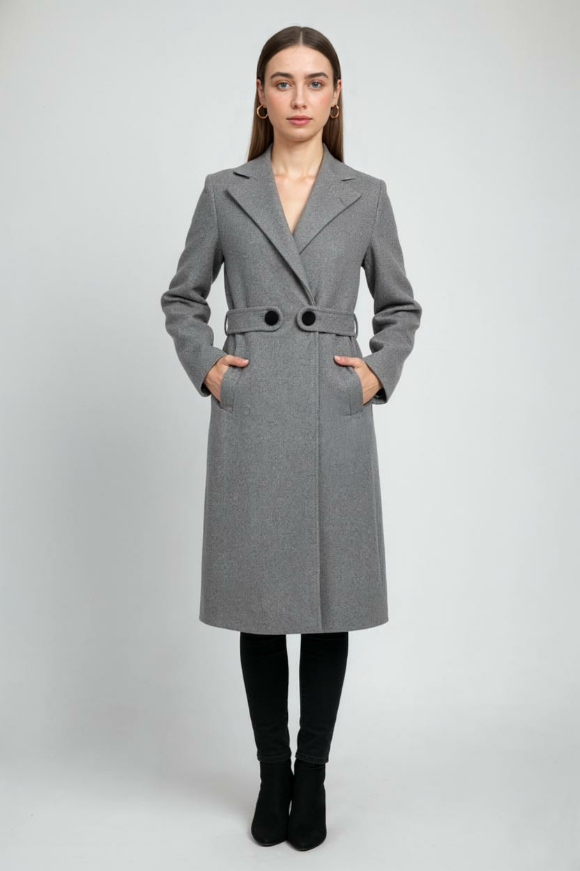 Belted Longline Coat | Notched Lapel, Buttoned Waist Tab, Slim Fit
