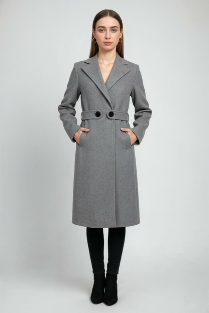 Belted Longline Coat | Notched Lapel, Buttoned Waist Tab, Slim Fit