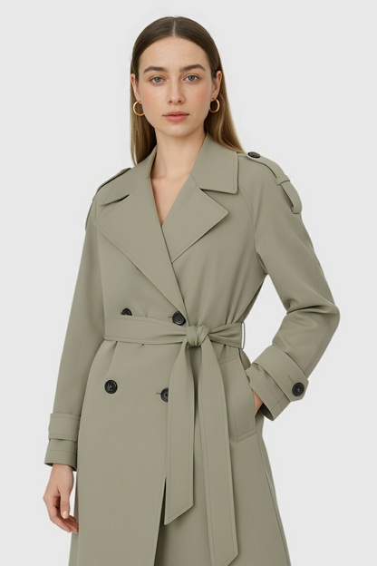 Long Drape Trench Coat | Double Breasted | Belted Waist | Relaxed Fit