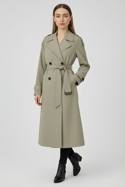 Long Drape Trench Coat | Double Breasted | Belted Waist | Relaxed Fit