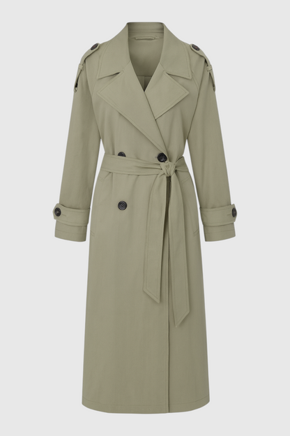 Long Drape Trench Coat | Double Breasted | Belted Waist | Relaxed Fit