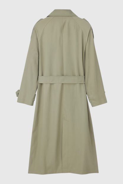 Long Drape Trench Coat | Double Breasted | Belted Waist | Relaxed Fit