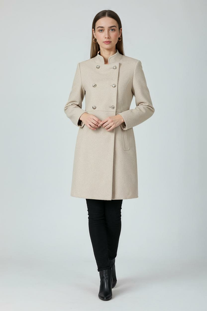 Double-Breasted Stand Collar Coat | Mid-Length, Structured Waist, Clean