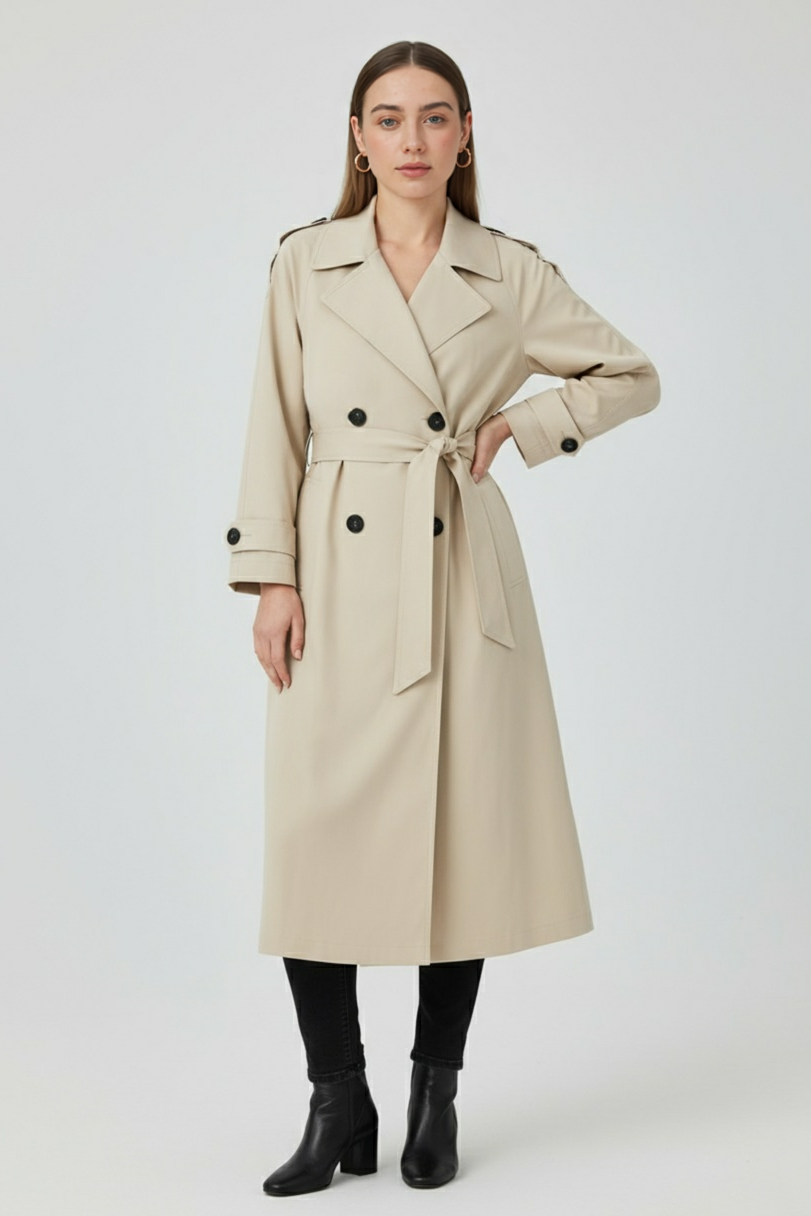 Long Drape Trench Coat | Double Breasted, Belted Waist, Relaxed Fit