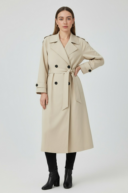 Long Drape Trench Coat | Double Breasted, Belted Waist, Relaxed Fit