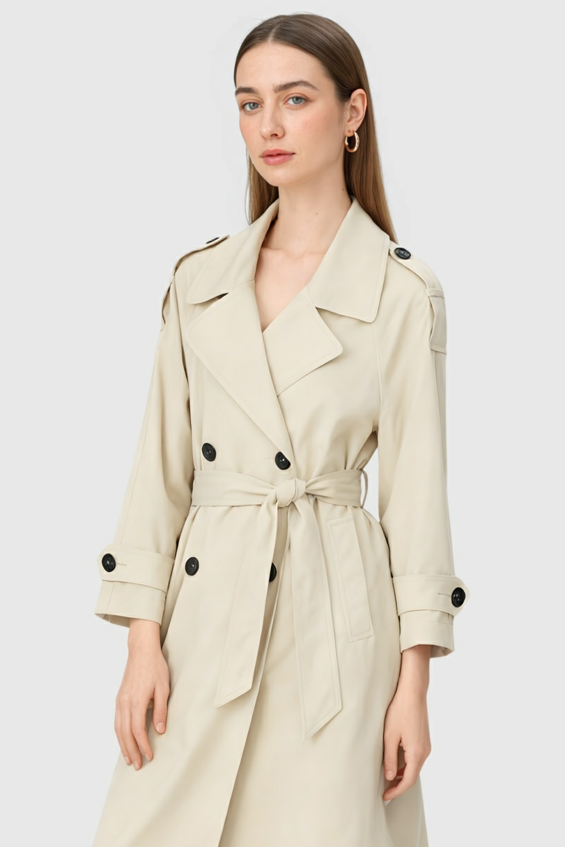 Long Drape Trench Coat | Double Breasted, Belted Waist, Relaxed Fit