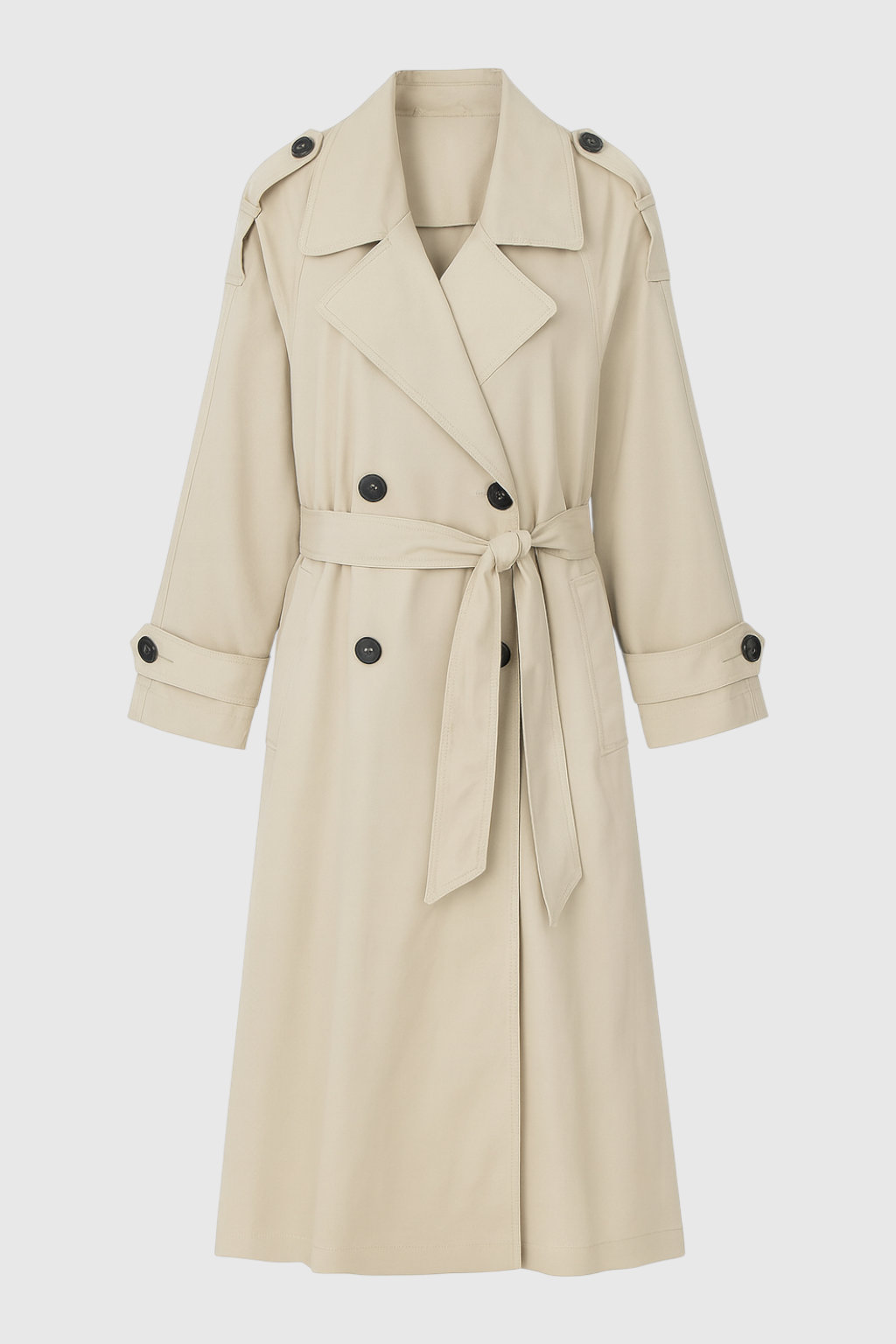 Long Drape Trench Coat | Double Breasted, Belted Waist, Relaxed Fit