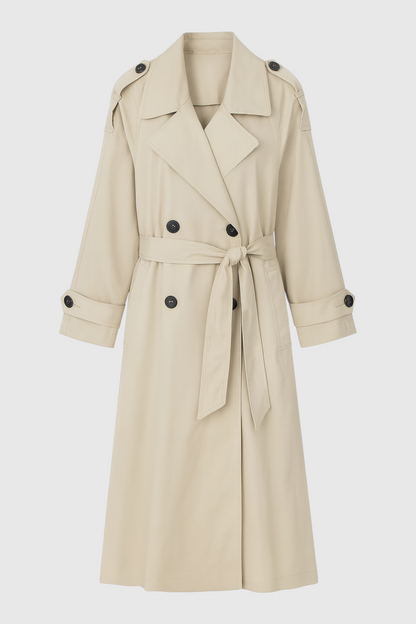 Long Drape Trench Coat | Double Breasted, Belted Waist, Relaxed Fit