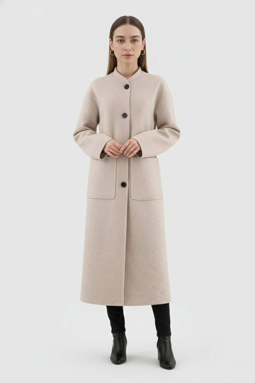 Long Belted Collarless Coat | Single-Breasted, Patch Pockets, Loose Fit