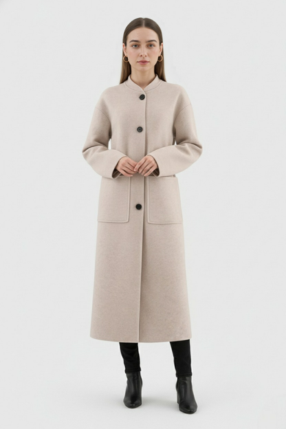 Long Belted Collarless Coat | Single-Breasted, Patch Pockets, Loose Fit