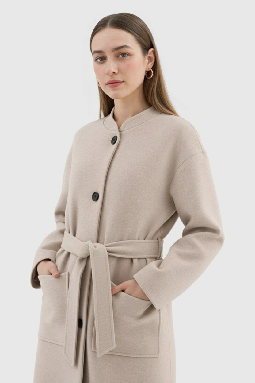 Long Belted Collarless Coat | Single-Breasted, Patch Pockets, Loose Fit