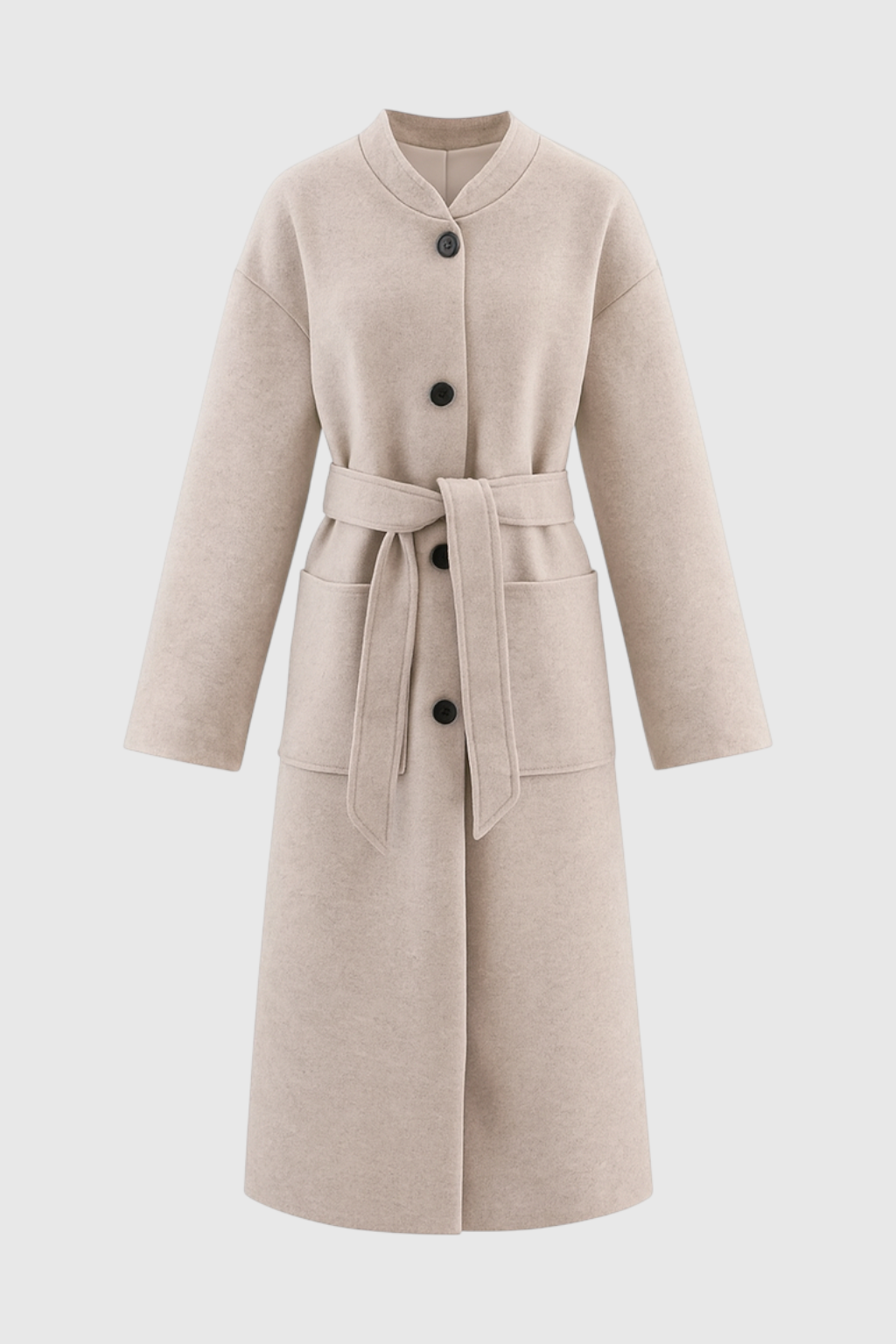 Long Belted Collarless Coat | Single-Breasted, Patch Pockets, Loose Fit