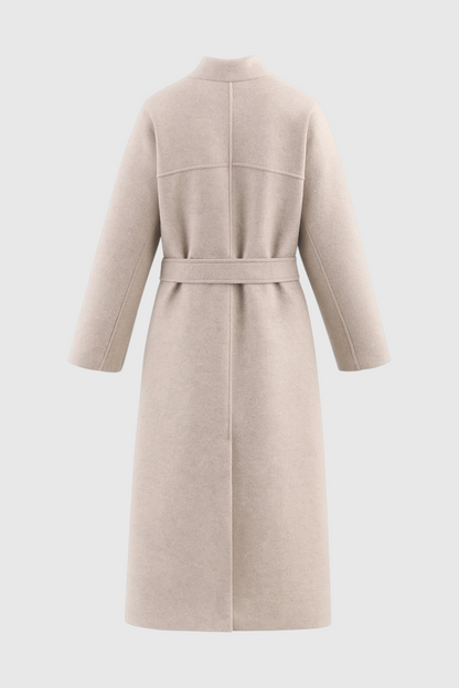Long Belted Collarless Coat | Single-Breasted, Patch Pockets, Loose Fit