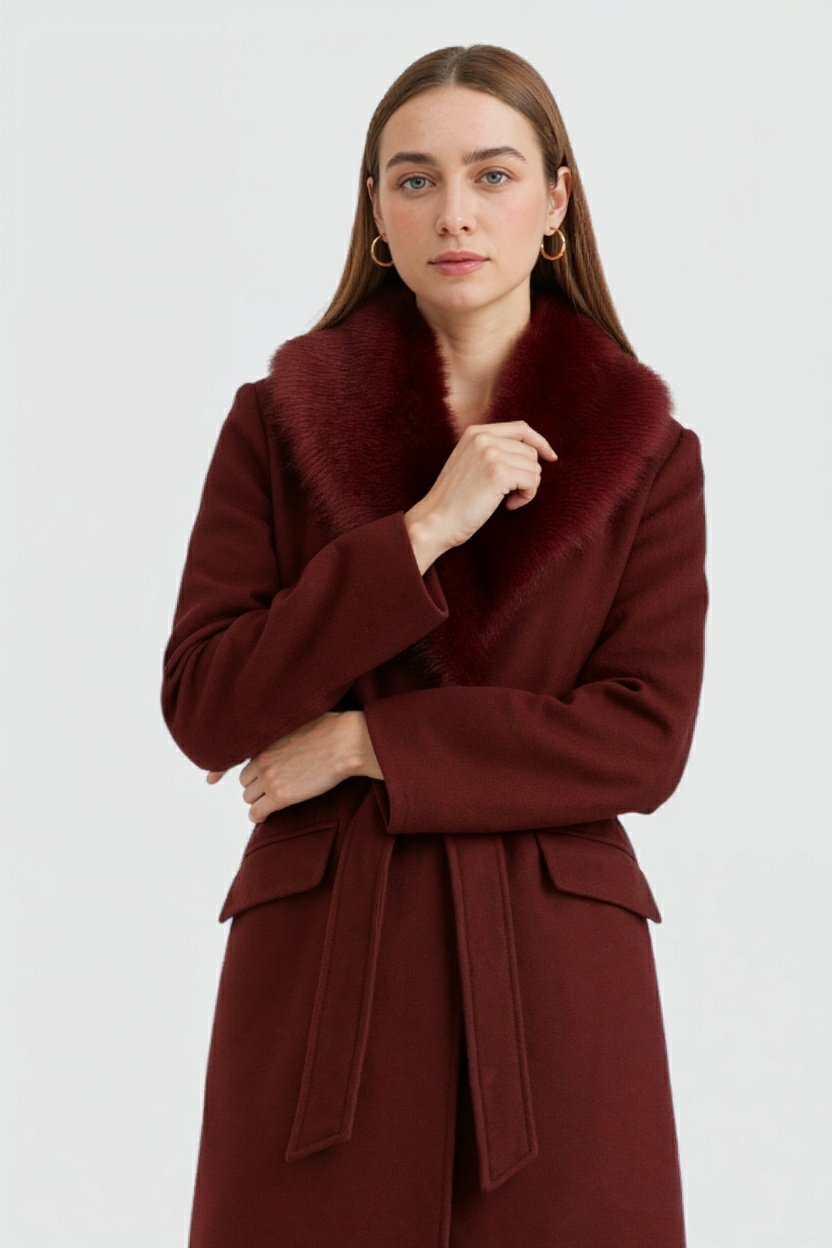 Nocturne Faux Fur Collar Long Coat | Belted Single Breasted