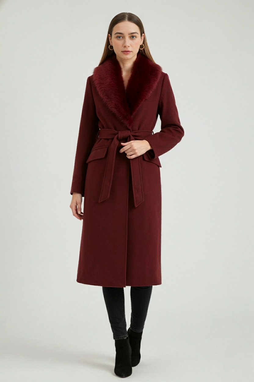 Nocturne Faux Fur Collar Long Coat | Belted Single Breasted