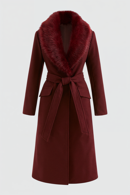 Nocturne Faux Fur Collar Long Coat | Belted Single Breasted