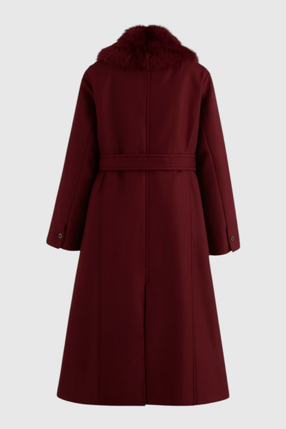 Nocturne Faux Fur Collar Long Coat | Belted Single Breasted