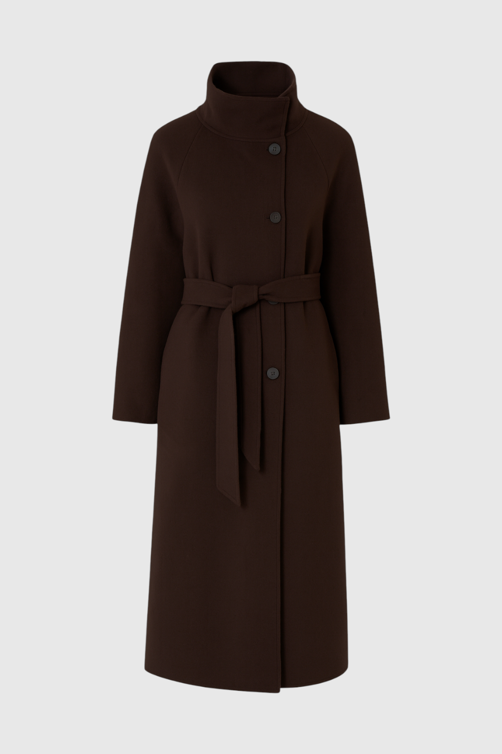 Long Belted Stand Collar Coat | Single Breasted, Regular Fit, Full Sleeves