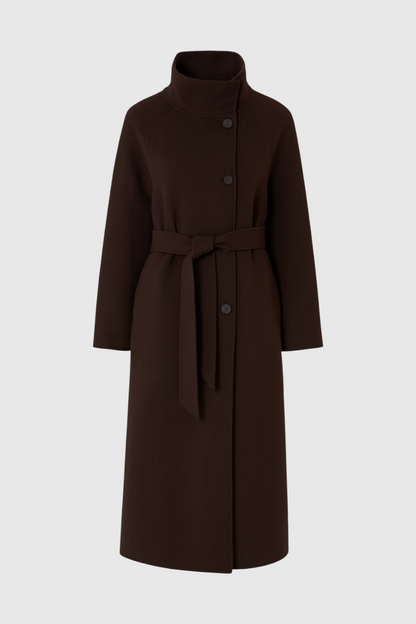 Long Belted Stand Collar Coat | Single Breasted, Regular Fit, Full Sleeves