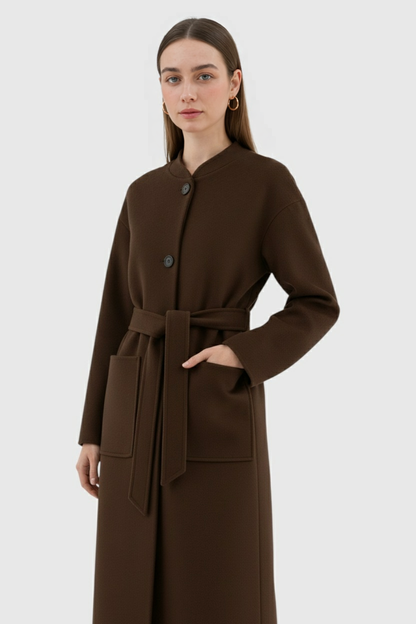 Long Belted Collarless Coat | Single-Breasted, Patch Pockets