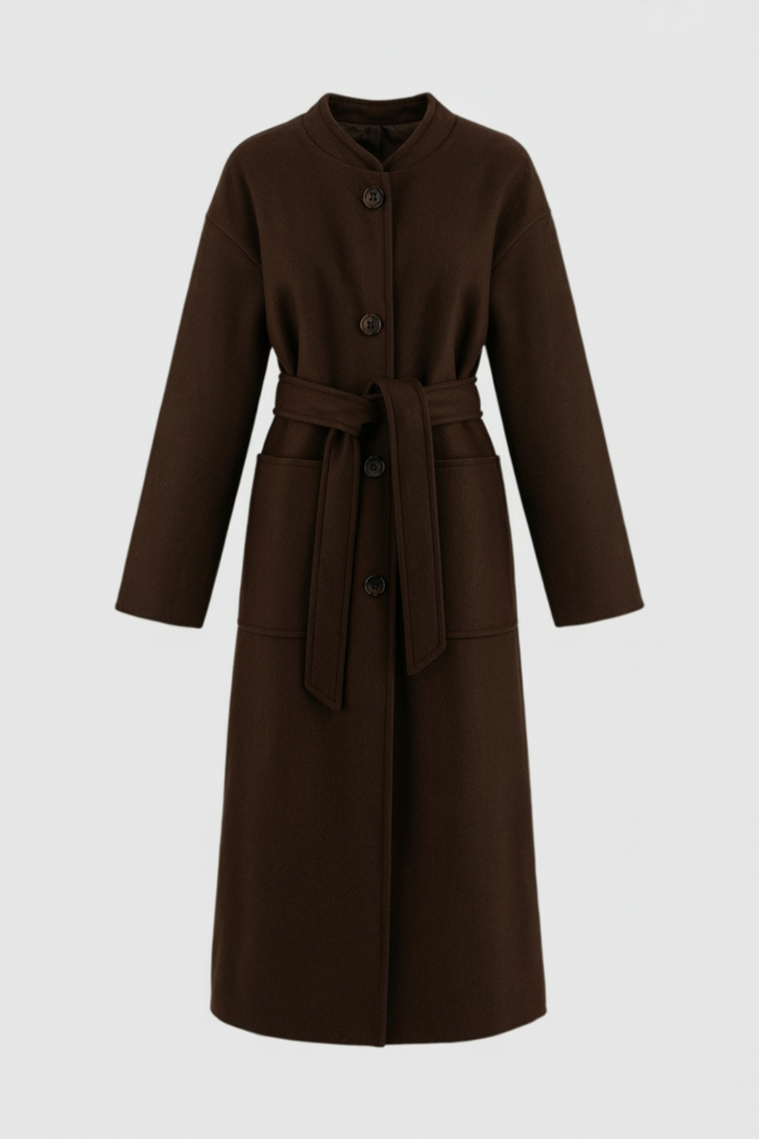 Long Belted Collarless Coat | Single-Breasted, Patch Pockets