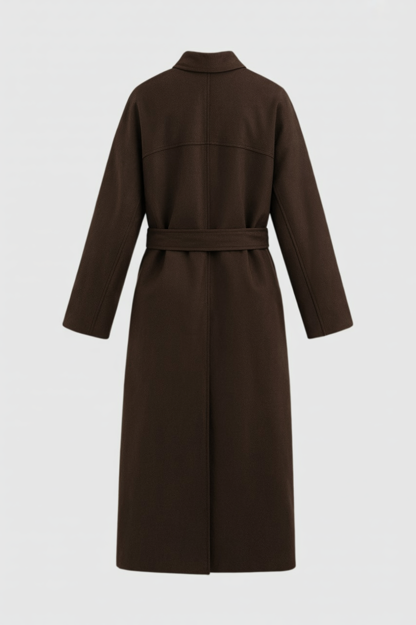 Long Belted Collarless Coat | Single-Breasted, Patch Pockets