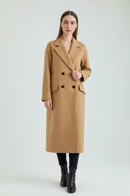 Double-Breasted Long Overcoat | Notched Lapel, Flap Pockets, Loose Fit