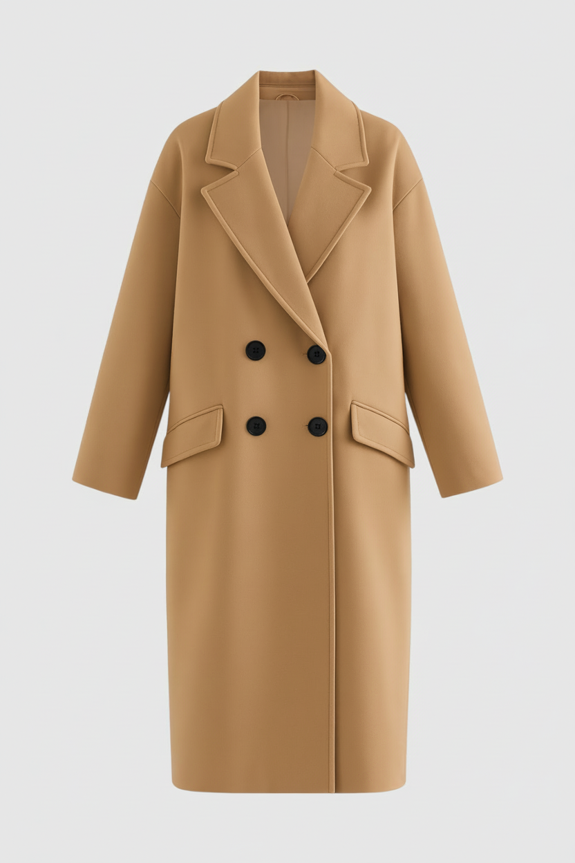 Double-Breasted Long Overcoat | Notched Lapel, Flap Pockets, Loose Fit