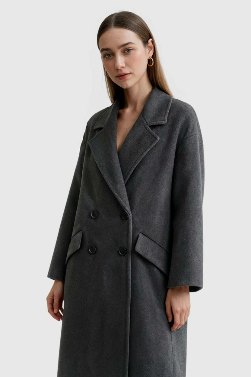 Double-Breasted Long Overcoat | Notched Lapel, Flap Pockets, Relaxed