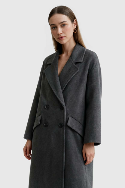 Double-Breasted Long Overcoat | Notched Lapel, Flap Pockets, Relaxed