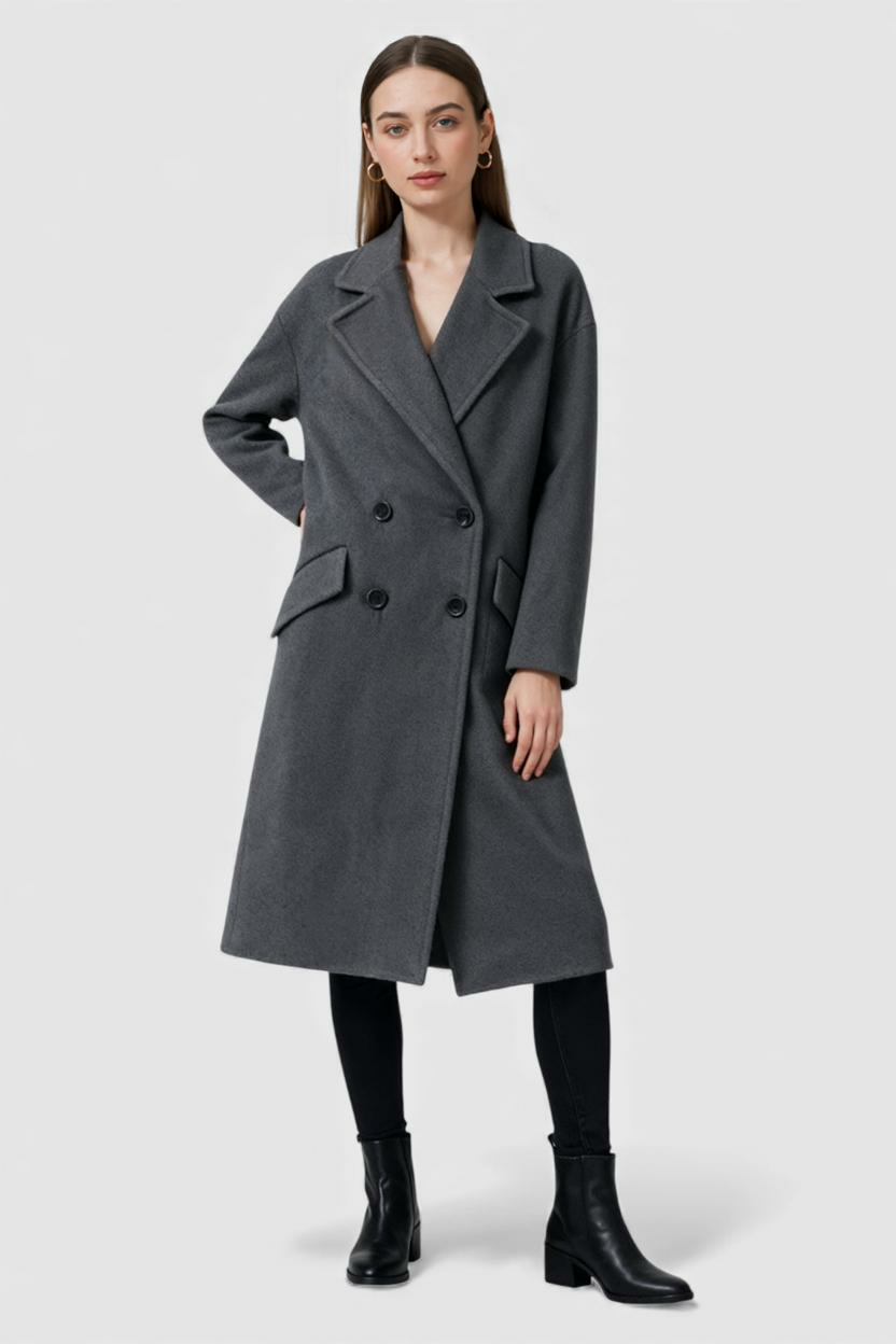 Double-Breasted Long Overcoat | Notched Lapel, Flap Pockets, Relaxed