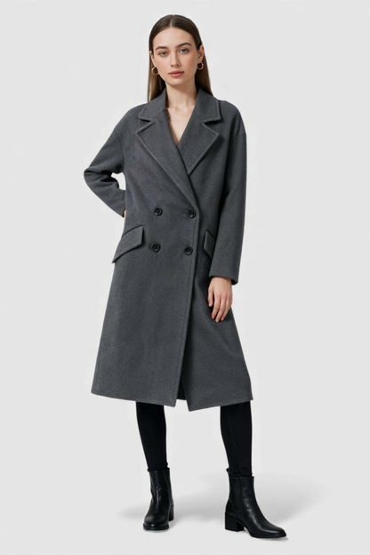 Double-Breasted Long Overcoat | Notched Lapel, Flap Pockets, Relaxed
