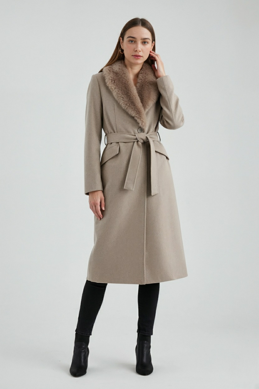 Long Faux Fur Collar Longline Coat | Belted Waist, Single Breasted