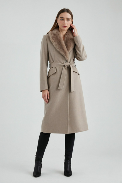 Long Faux Fur Collar Longline Coat | Belted Waist, Single Breasted