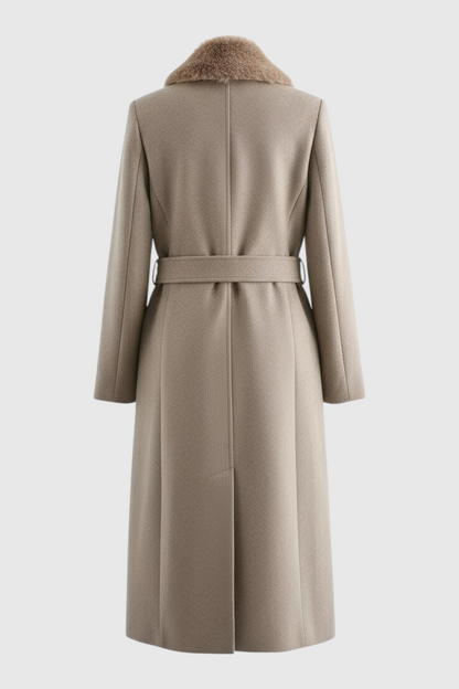 Long Faux Fur Collar Longline Coat | Belted Waist, Single Breasted