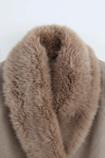 Long Faux Fur Collar Longline Coat | Belted Waist, Single Breasted