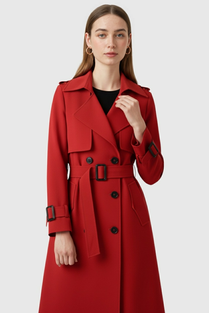 Long Double Breasted Trench Coat | Belted Waist, Epaulette Detail