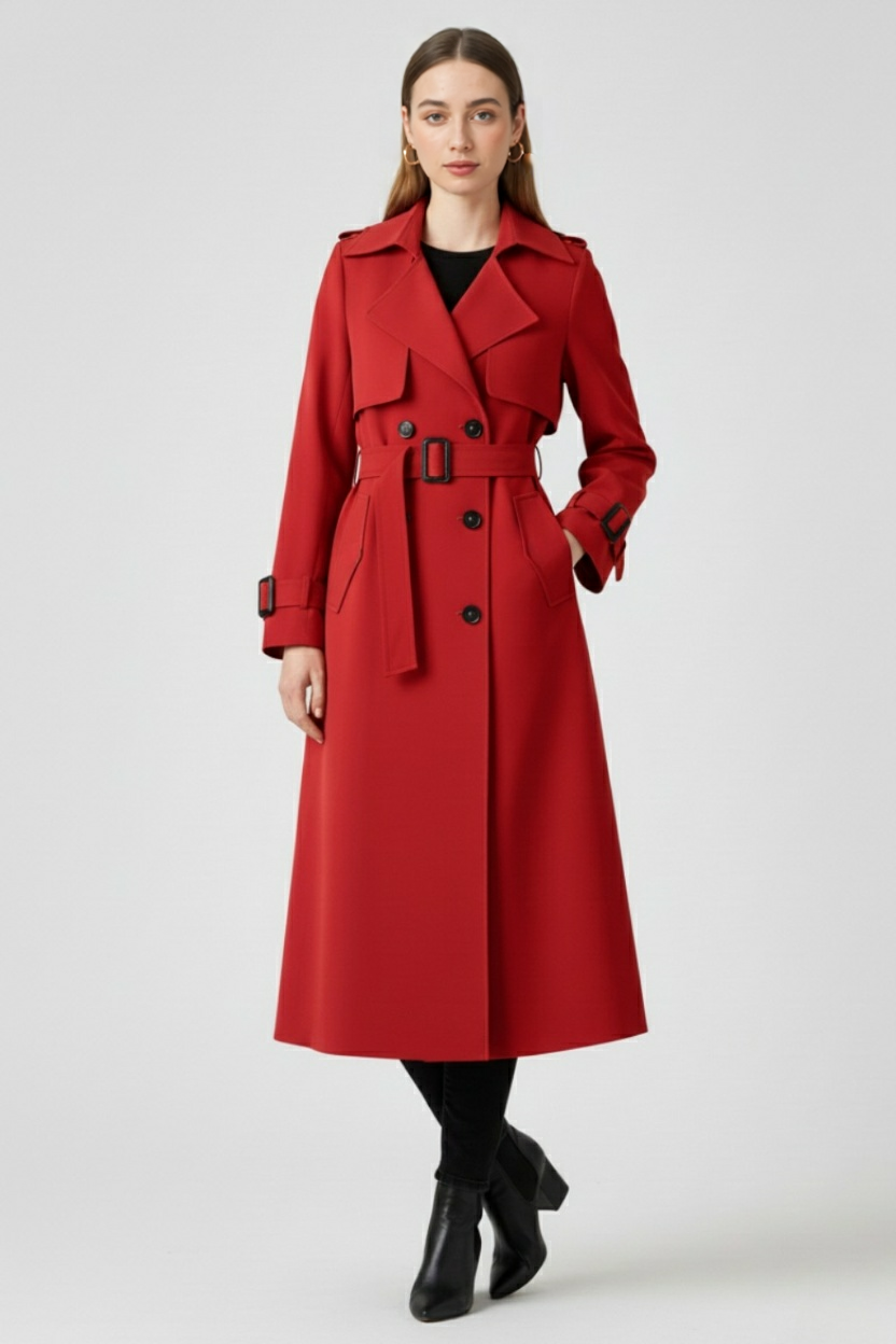 Long Double Breasted Trench Coat | Belted Waist, Epaulette Detail